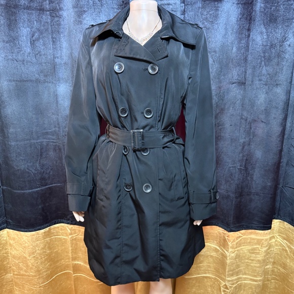 CALVIN KLEIN Womens Black Belted Trench Coat Size Large L - Picture 1 of 6